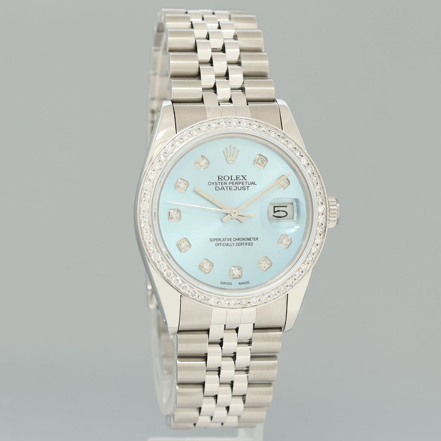 DIAMOND Bezel Rolex DateJust 36mm Glacier Blue Diamond 16030 Steel Watch Box