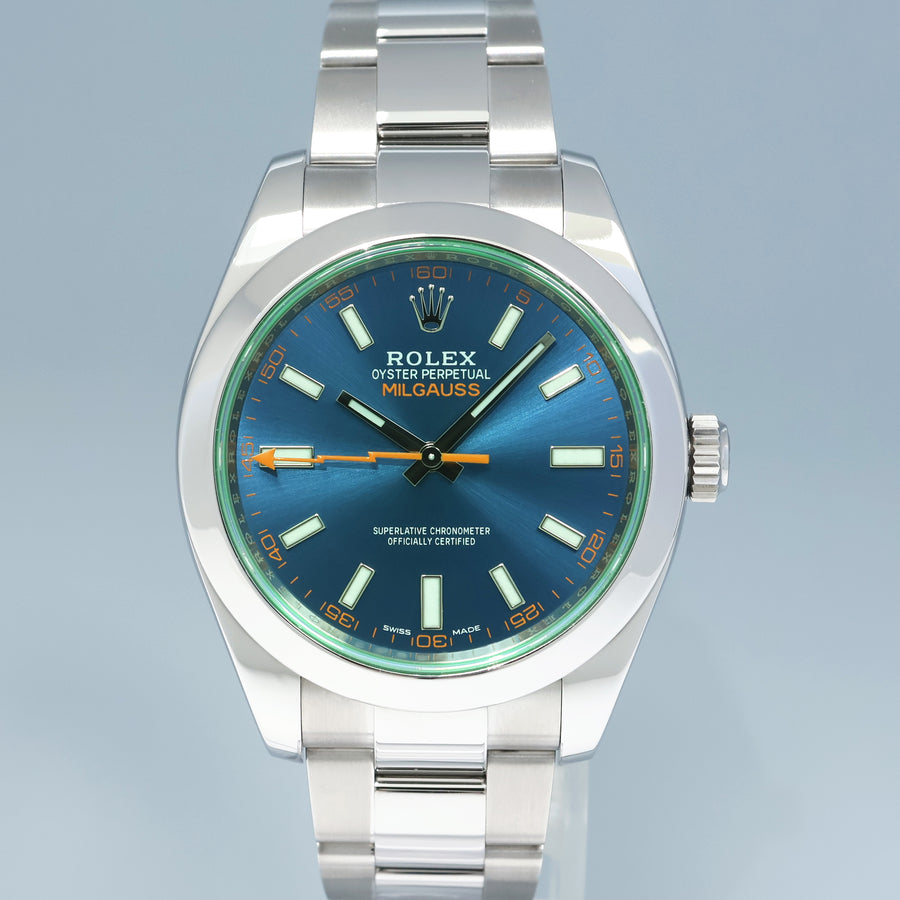 NEW 2022 Rolex Milgauss Blue Anniversary Green 116400GV Steel 40mm Watch Box