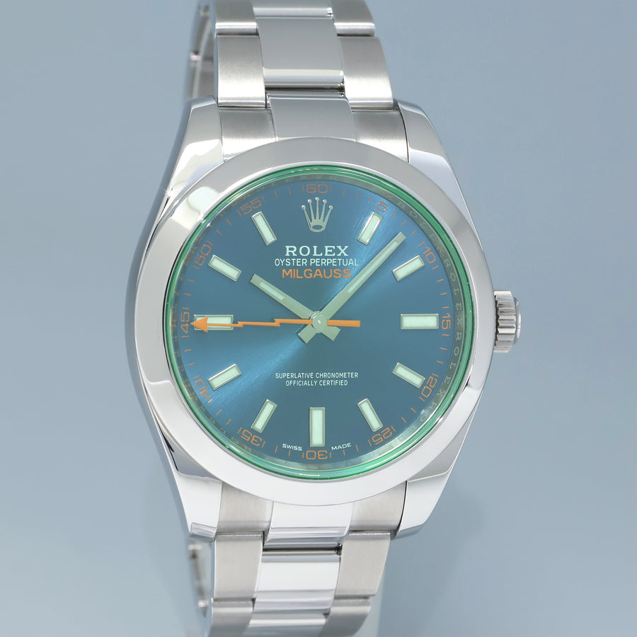 NEW 2022 Rolex Milgauss Blue Anniversary Green 116400GV Steel 40mm Watch Box
