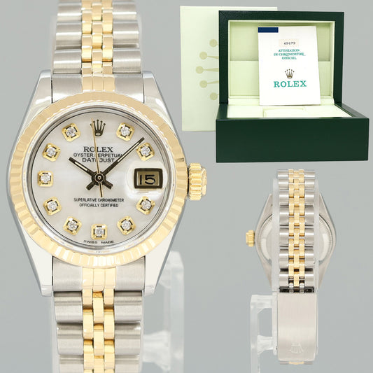 PAPERS Pearl Diamond Ladies Rolex 26mm DateJust 69173 Two Tone Gold Jubilee Watch Box