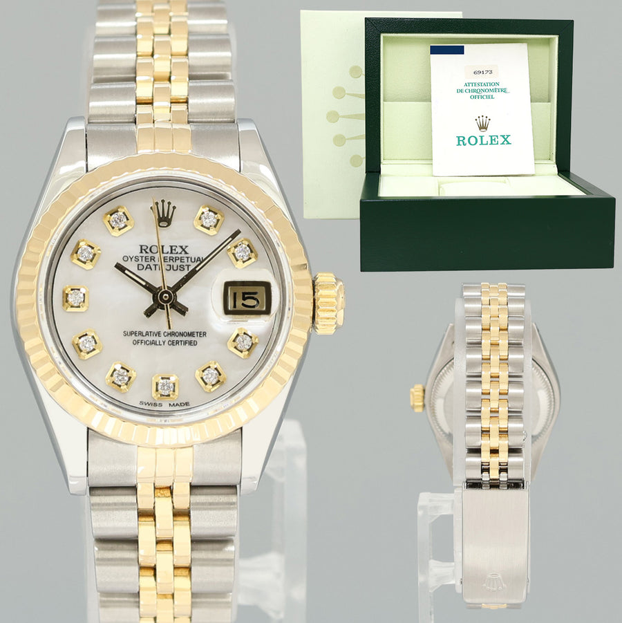 PAPERS Pearl Diamond Ladies Rolex 26mm DateJust 69173 Two Tone Gold Jubilee Watch Box