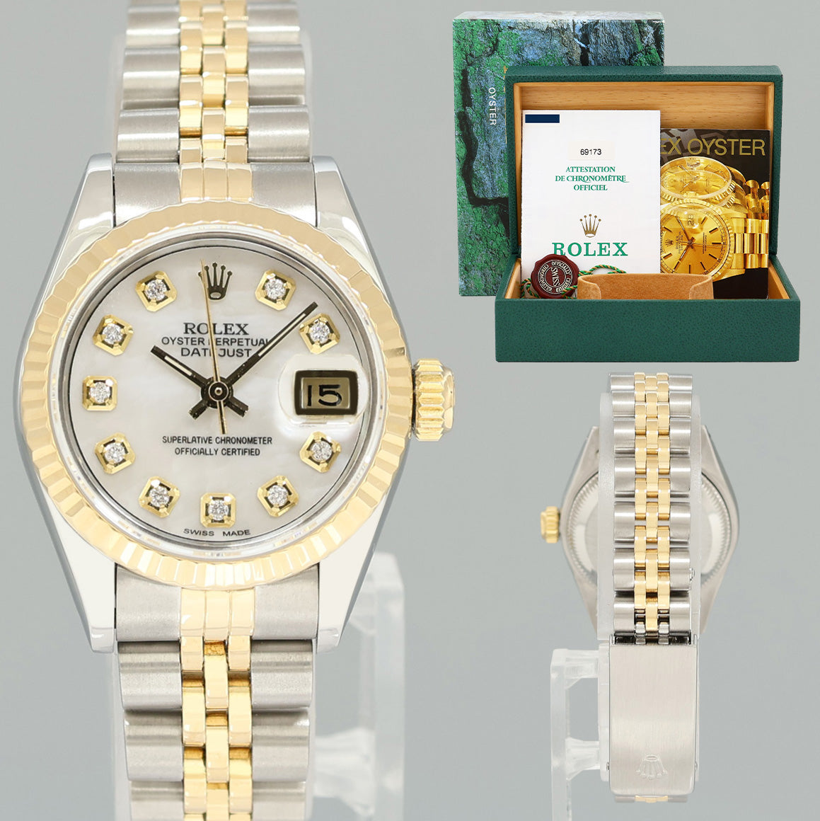 PAPERS MINT Pearl Diamond Ladies Rolex 26mm DateJust 69173 Two Tone Gold Jubilee Watch Box