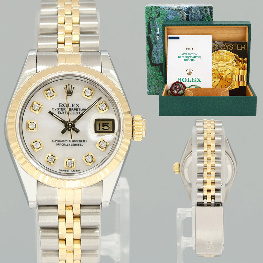 PAPERS MINT Pearl Diamond Ladies Rolex 26mm DateJust 69173 Two Tone Gold Jubilee Watch Box