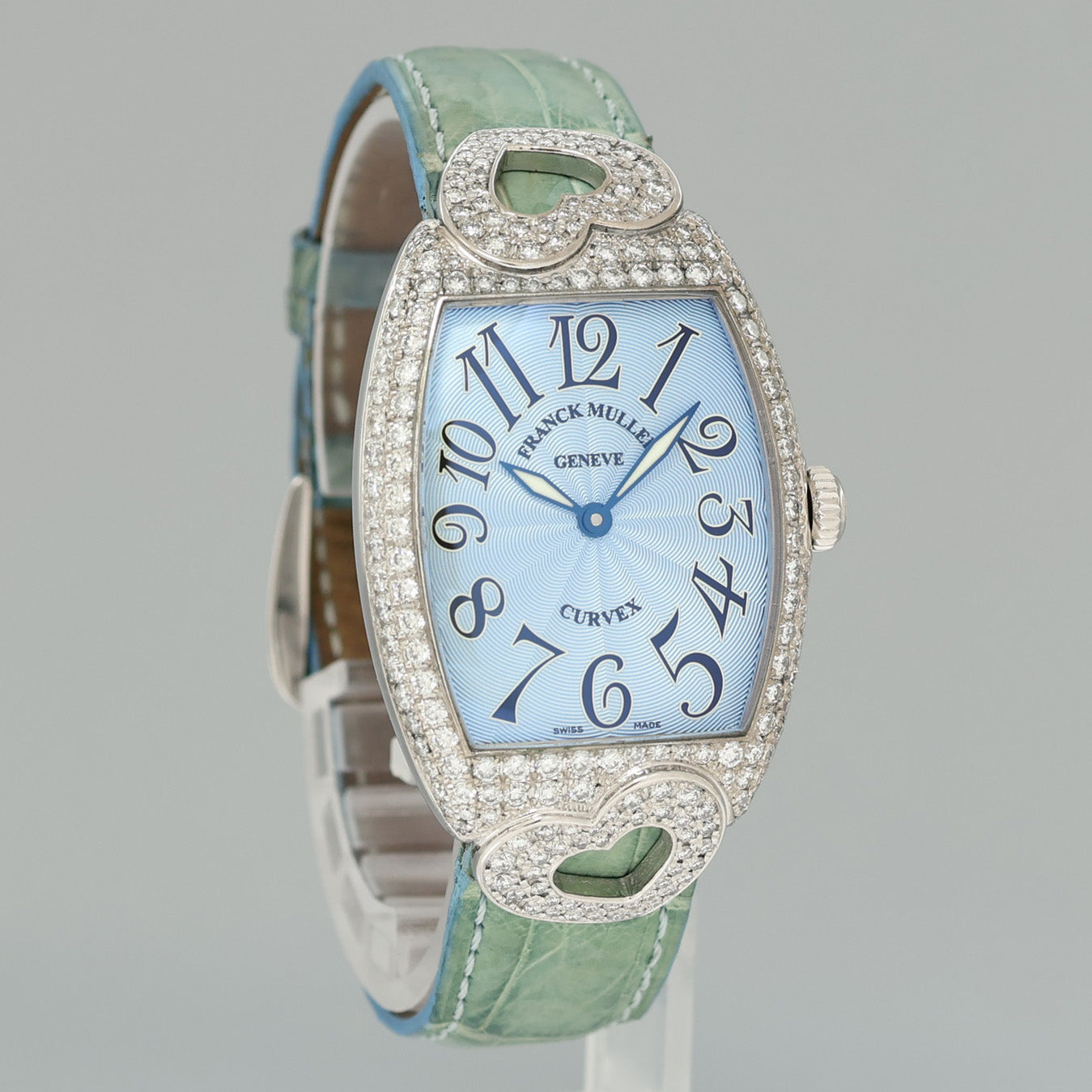 Ladies Franck Muller 18k White Gold Diamond Blue Dial Heart Design Leather Band Watch