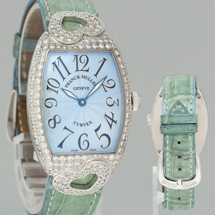 Ladies Franck Muller 18k White Gold Diamond Blue Dial Heart Design Leather Band Watch