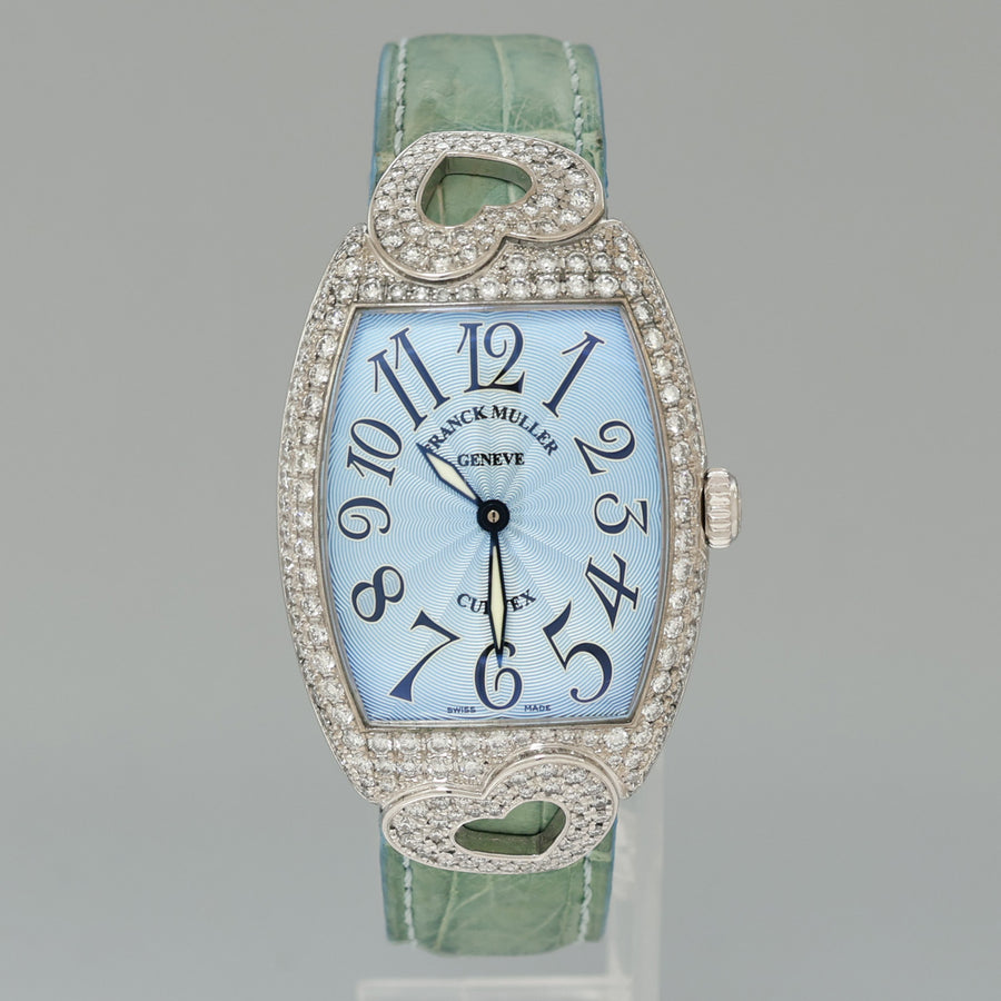 Ladies Franck Muller 18k White Gold Diamond Blue Dial Heart Design Leather Band Watch