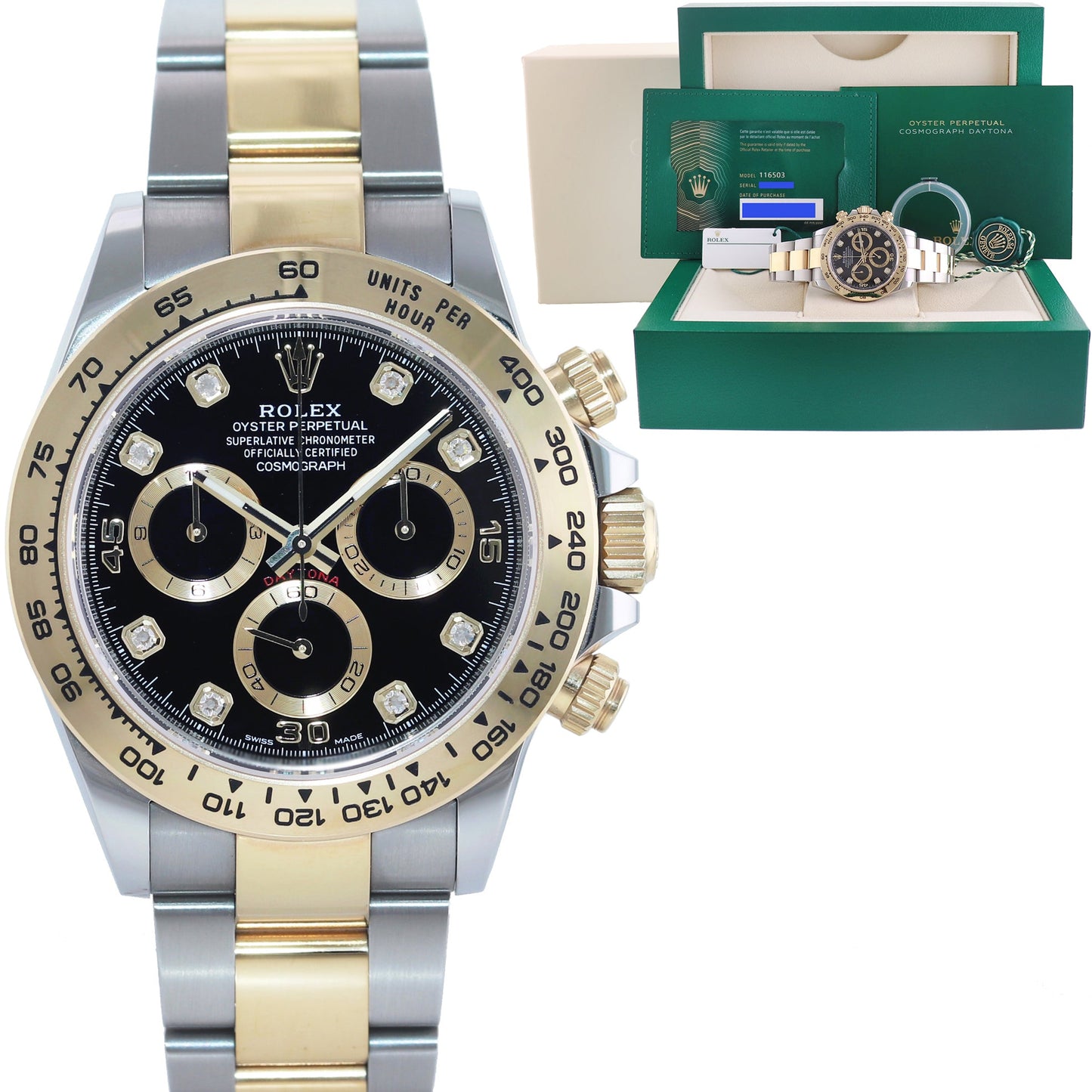 2021 NEW PAPERS 116503 Rolex Daytona Two Tone Black Diamond Yellow Gold Watch