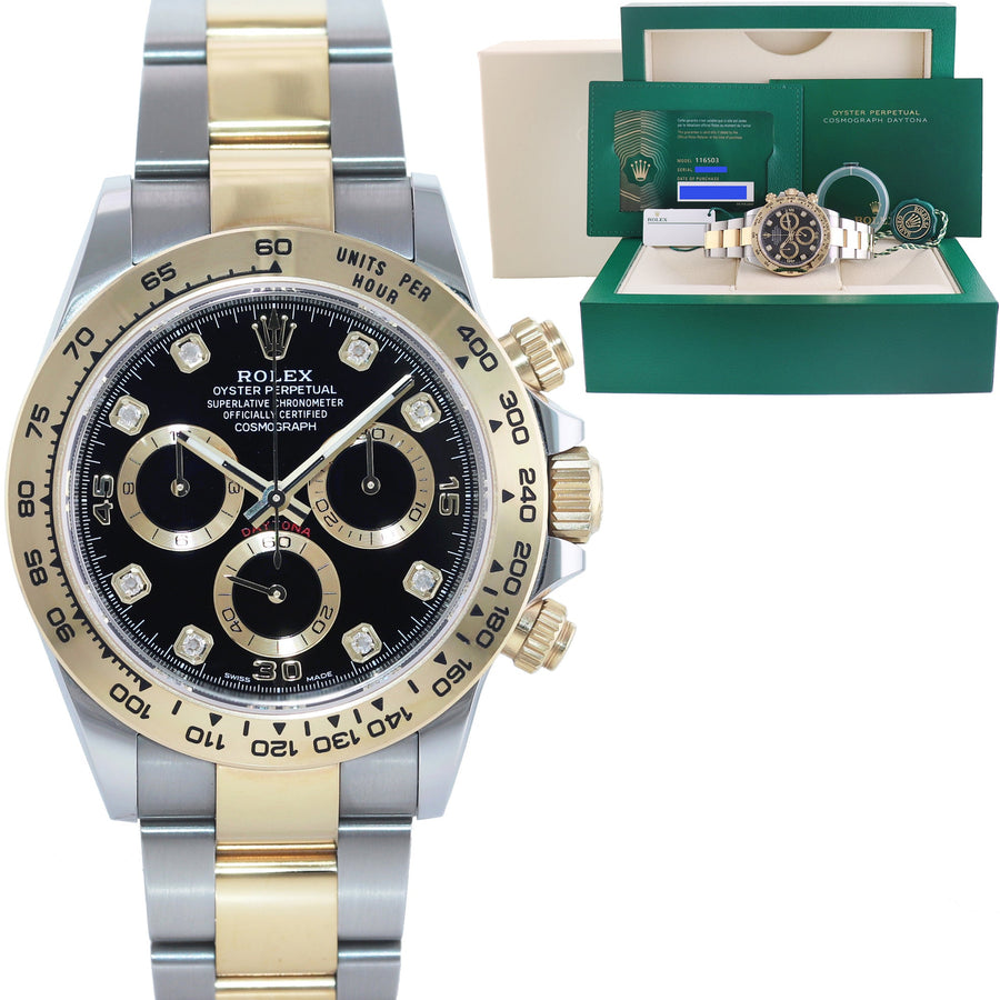 2021 NEW PAPERS 116503 Rolex Daytona Two Tone Black Diamond Yellow Gold Watch