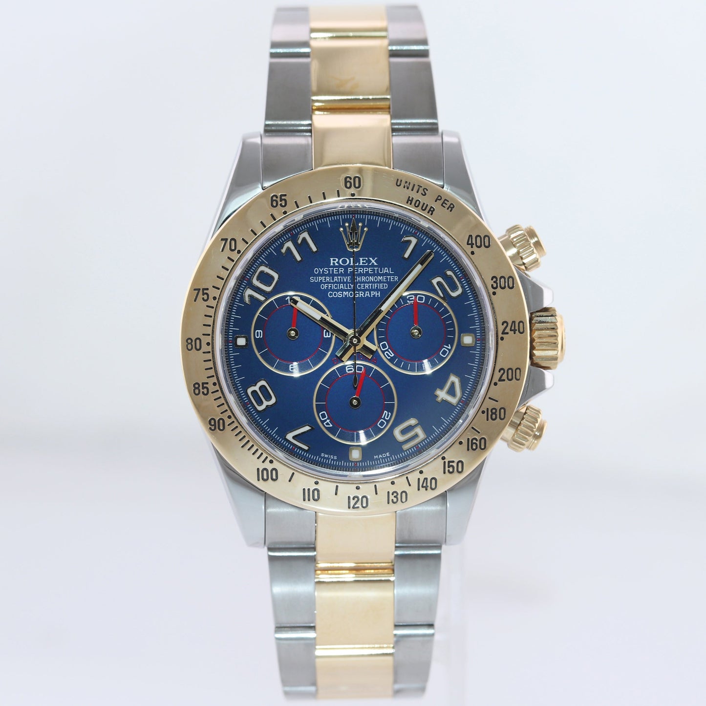 MINT PAPERS 2014 Rolex Daytona 116523 Blue Arabic Red Steel Yellow Gold Two Tone Watch