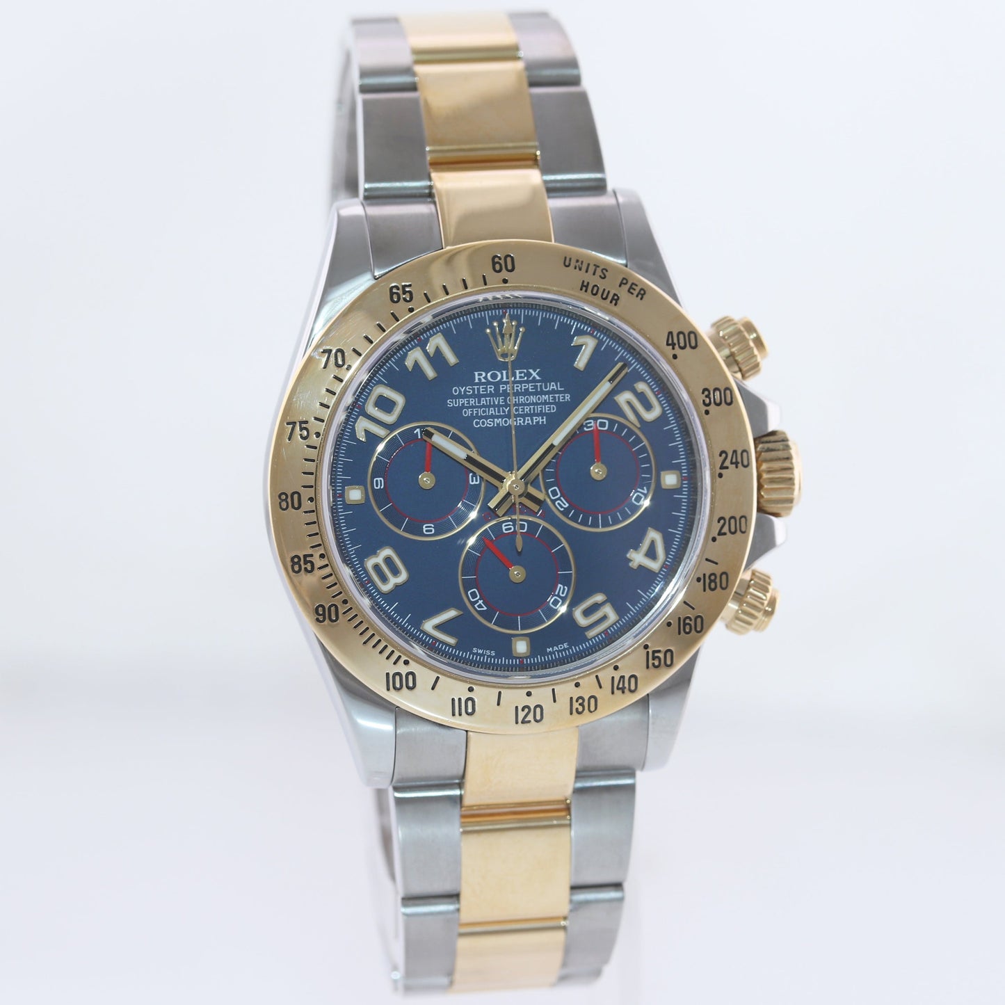 MINT PAPERS 2014 Rolex Daytona 116523 Blue Arabic Red Steel Yellow Gold Two Tone Watch
