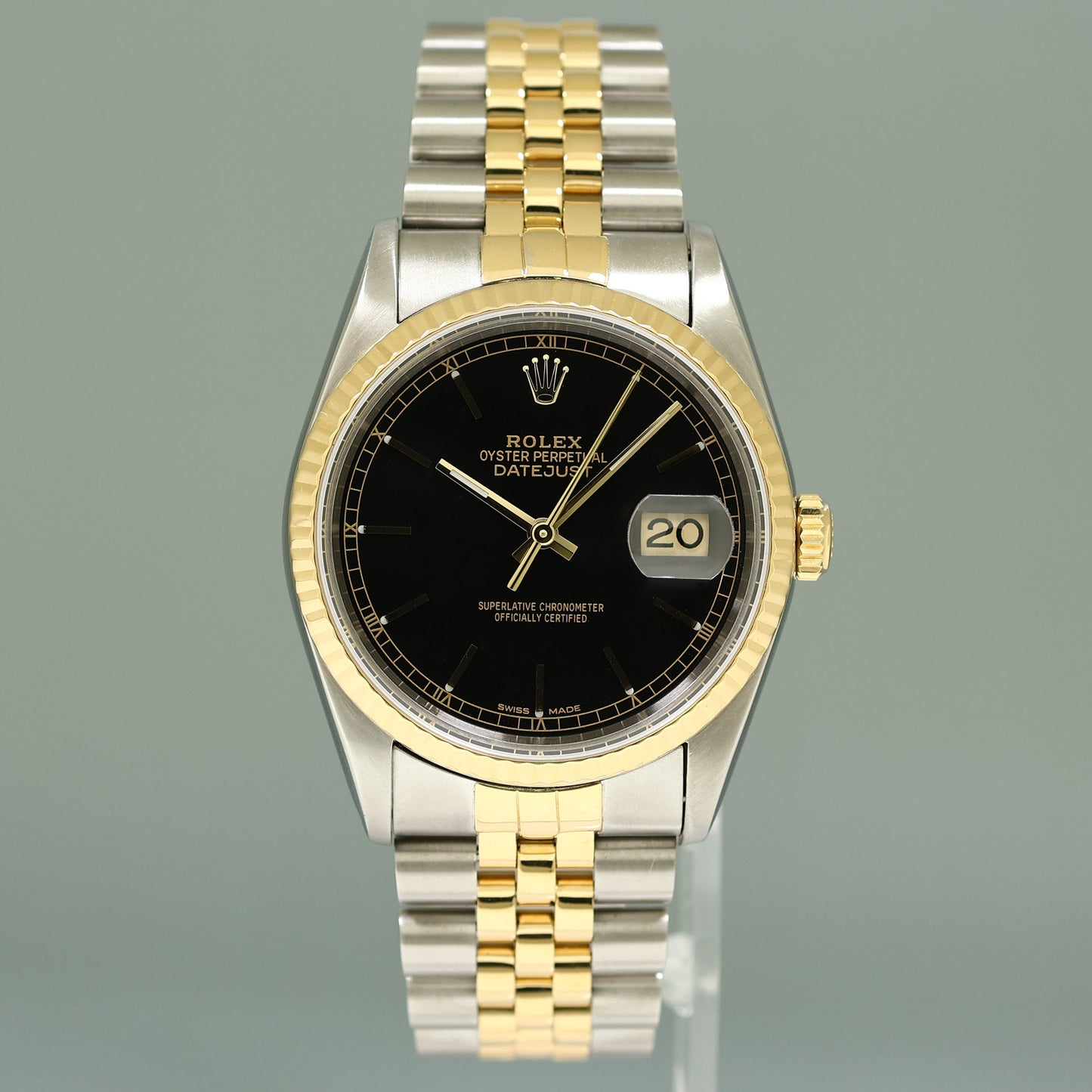 MINT Rolex DateJust 36mm Black Stick 16233 Two Tone Yellow Gold Steel Jubilee Watch Box