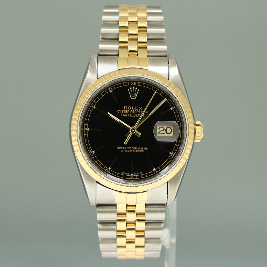 MINT Rolex DateJust 36mm Black Stick 16233 Two Tone Yellow Gold Steel Jubilee Watch Box