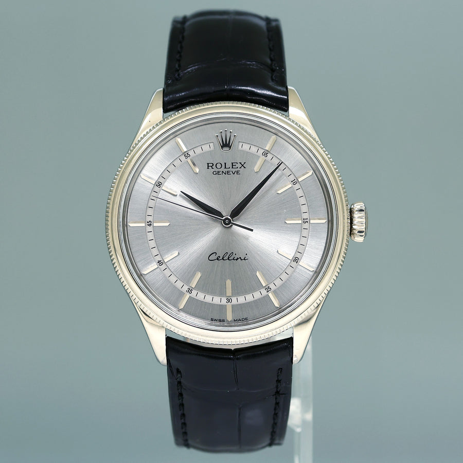 MINT Rolex Cellini Silver Dial White Gold 39mm Leather 50509 Watch Box