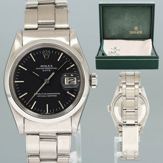 Vintage Rolex Date 1500 Black Stick Dial 34mm Stainless Steel Oyster Watch Box