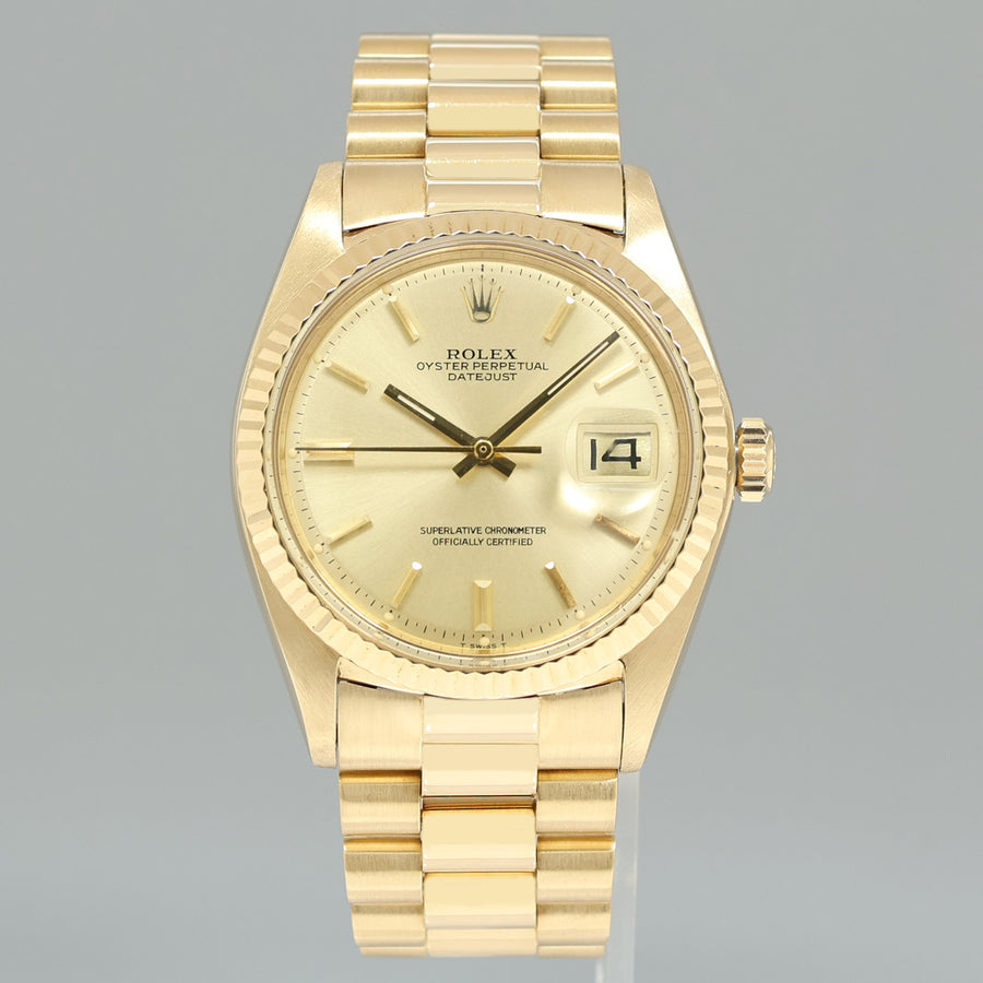 Rolex DateJust 36mm 1601 Yellow Gold President Champagne Pie Pan Stick Watch Box