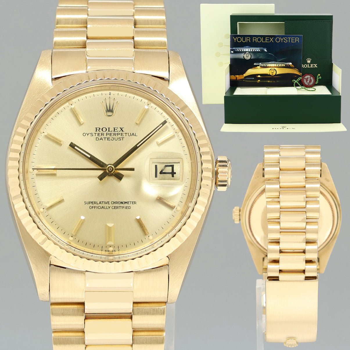 Rolex DateJust 36mm 1601 Yellow Gold President Champagne Pie Pan Stick Watch Box