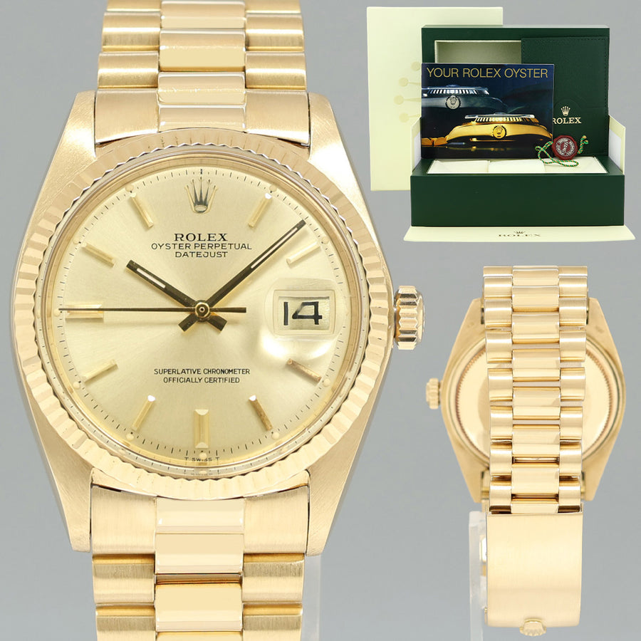 Rolex DateJust 36mm 1601 Yellow Gold President Champagne Pie Pan Stick Watch Box