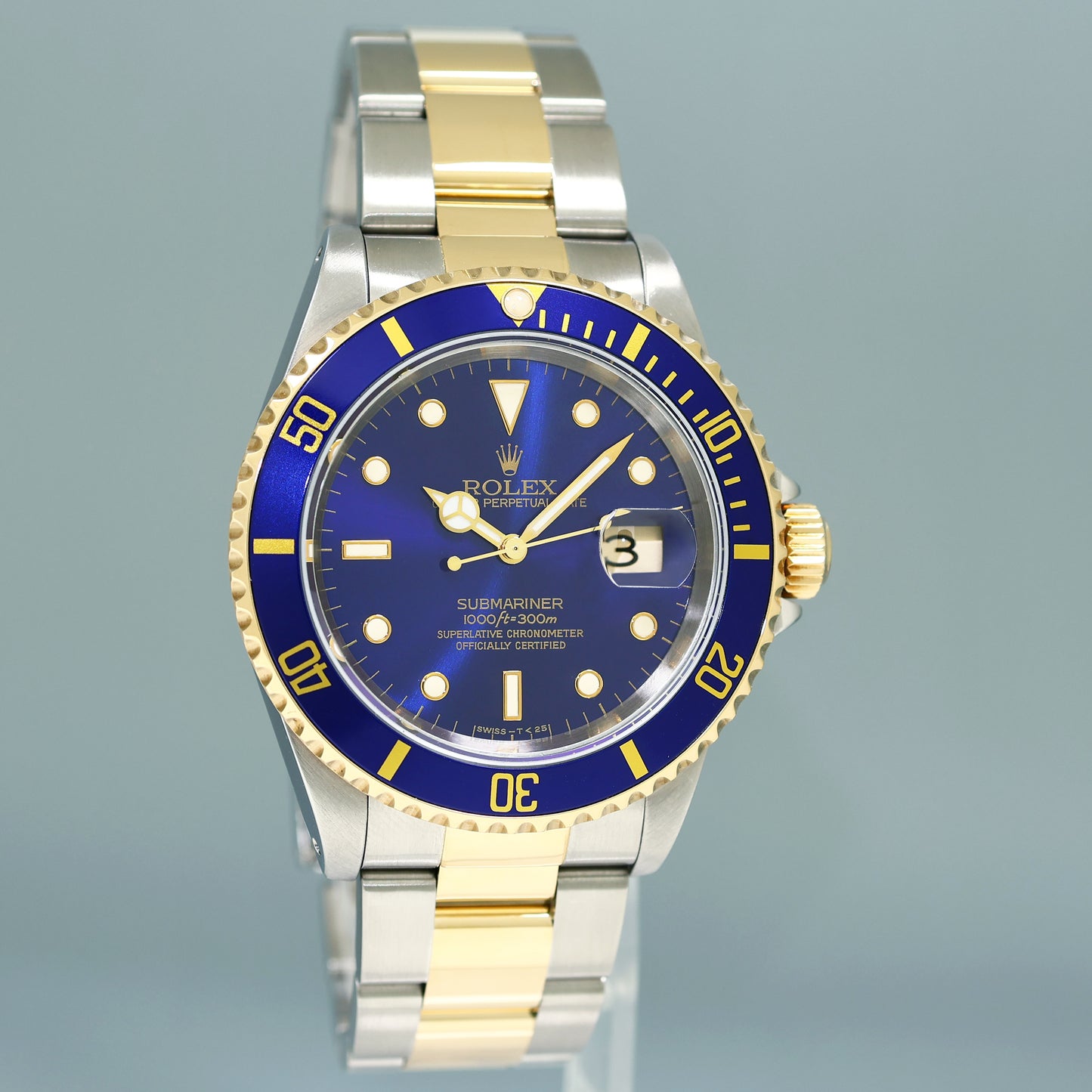 MINT 1999 PAPERS Rolex Submariner 16613 Gold Steel Two Tone Gold Sunburst Blue Watch