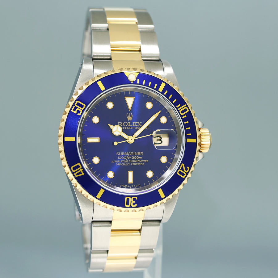 MINT 1999 PAPERS Rolex Submariner 16613 Gold Steel Two Tone Gold Sunburst Blue Watch