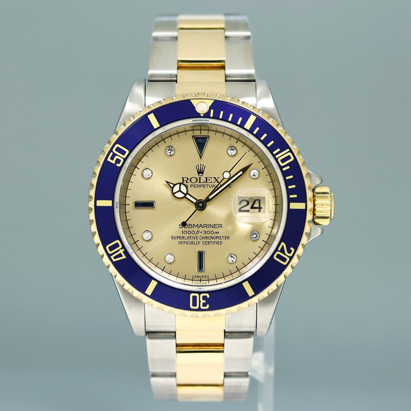 MINT PAPERS Rolex Submariner 16613 Two Tone Gold Blue Champagne Serti Diamond Watch