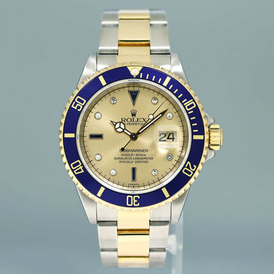MINT PAPERS Rolex Submariner 16613 Two Tone Gold Blue Champagne Serti Diamond Watch