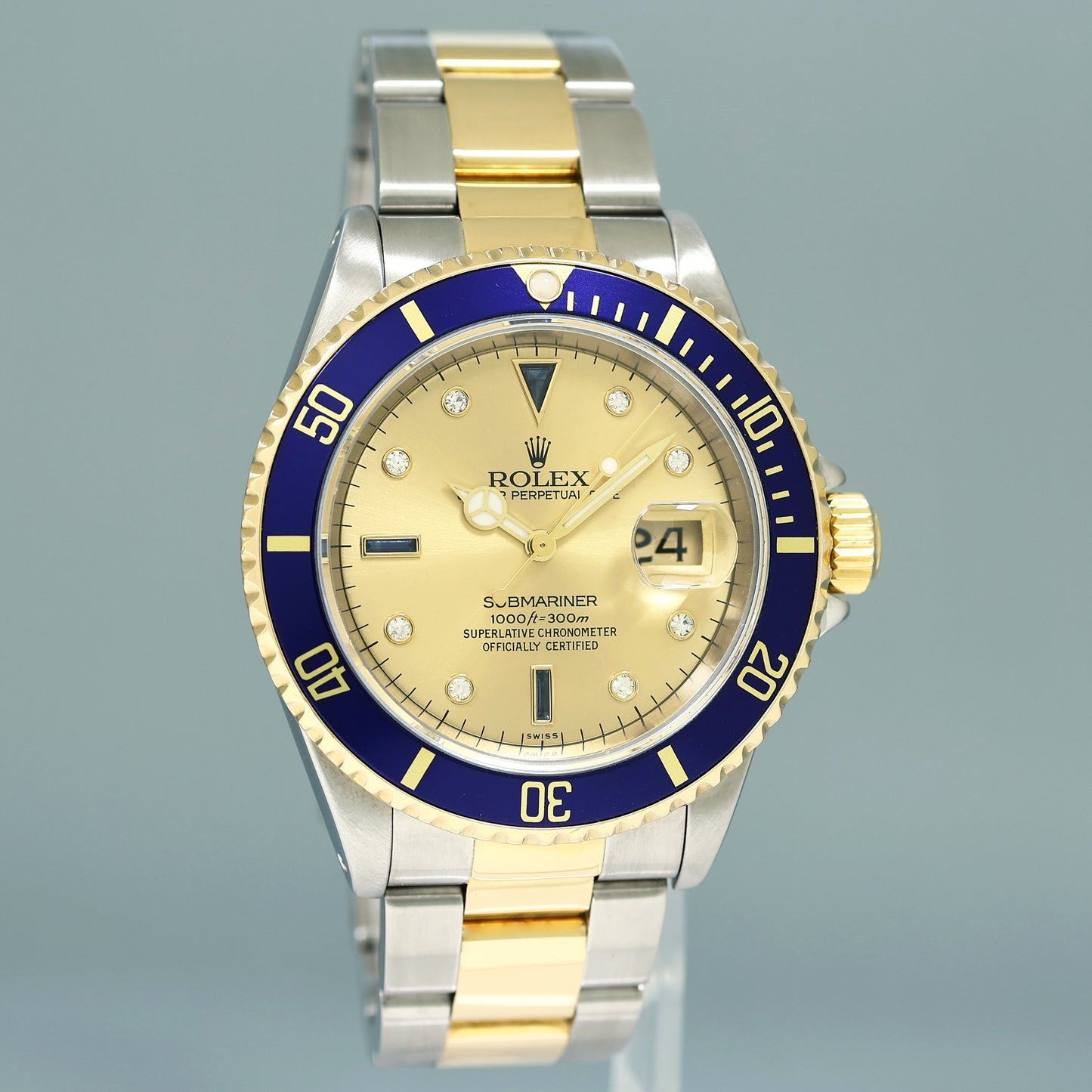 MINT PAPERS Rolex Submariner 16613 Two Tone Gold Blue Champagne Serti Diamond Watch