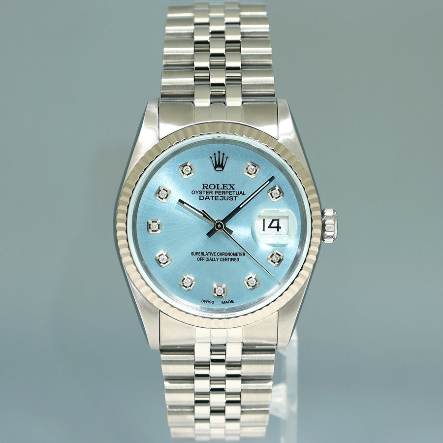 MINT Rolex DateJust 16234 Blue Diamond Jubilee White Gold Fluted 36mm Watch Box