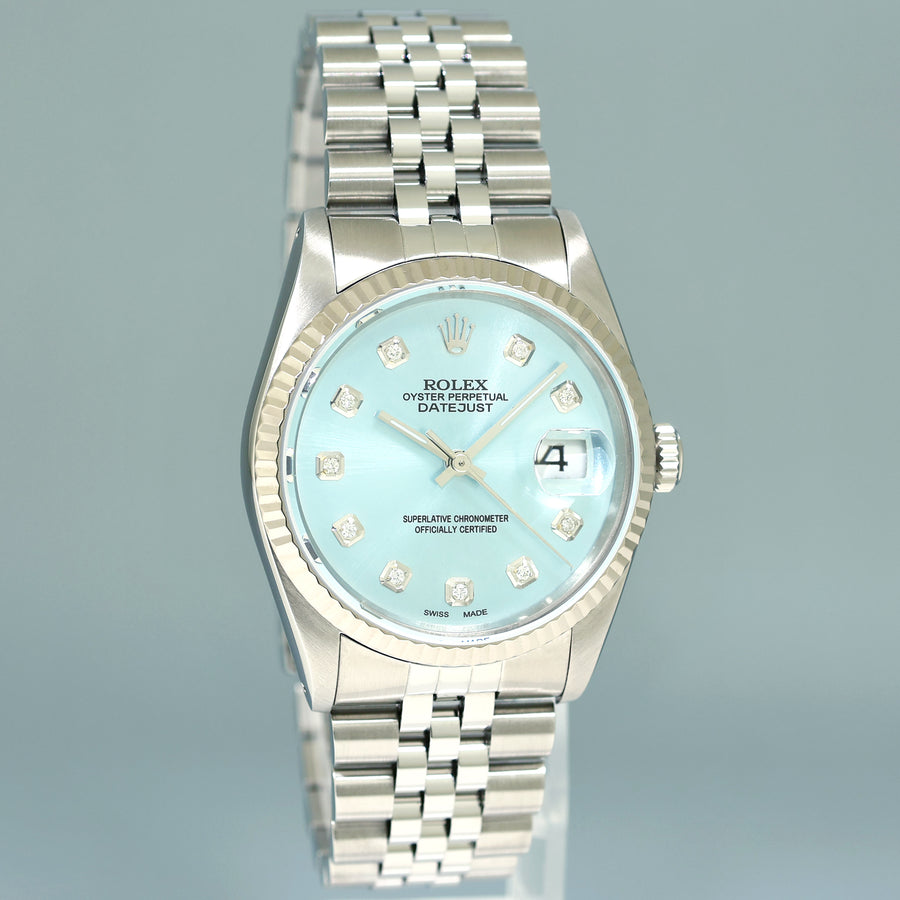 MINT Rolex DateJust 16234 Blue Diamond Jubilee White Gold Fluted 36mm Watch Box