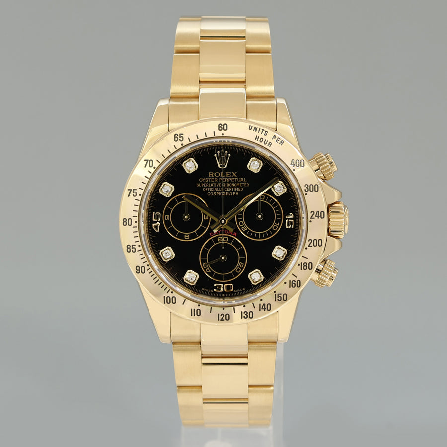 2010 PAPERS MINT Rolex Daytona 116528 Black Diamond Chrono Yellow Gold 40mm Watch