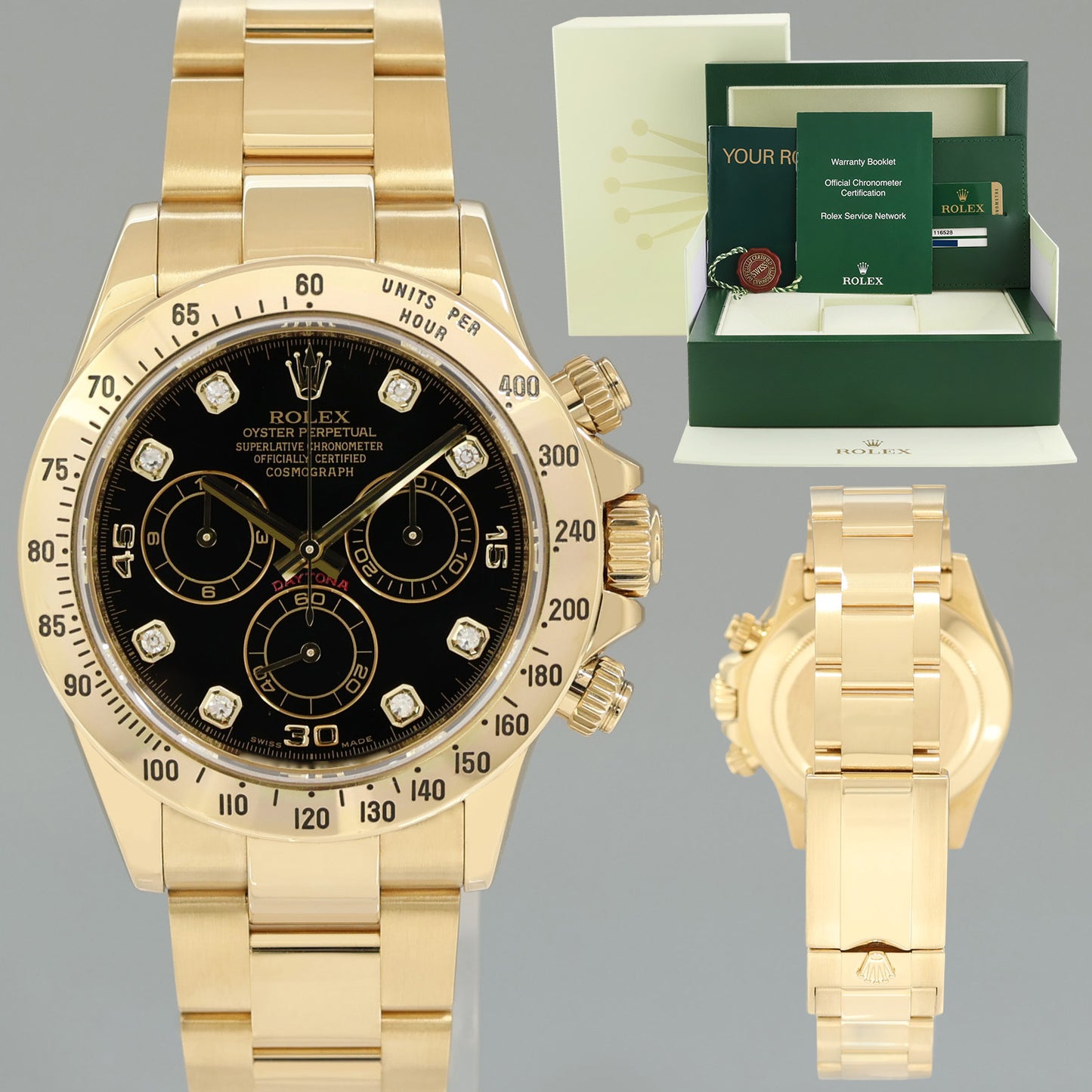 2010 PAPERS MINT Rolex Daytona 116528 Black Diamond Chrono Yellow Gold 40mm Watch