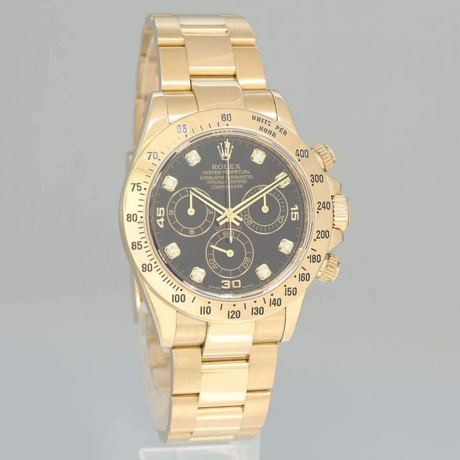2010 PAPERS MINT Rolex Daytona 116528 Black Diamond Chrono Yellow Gold 40mm Watch