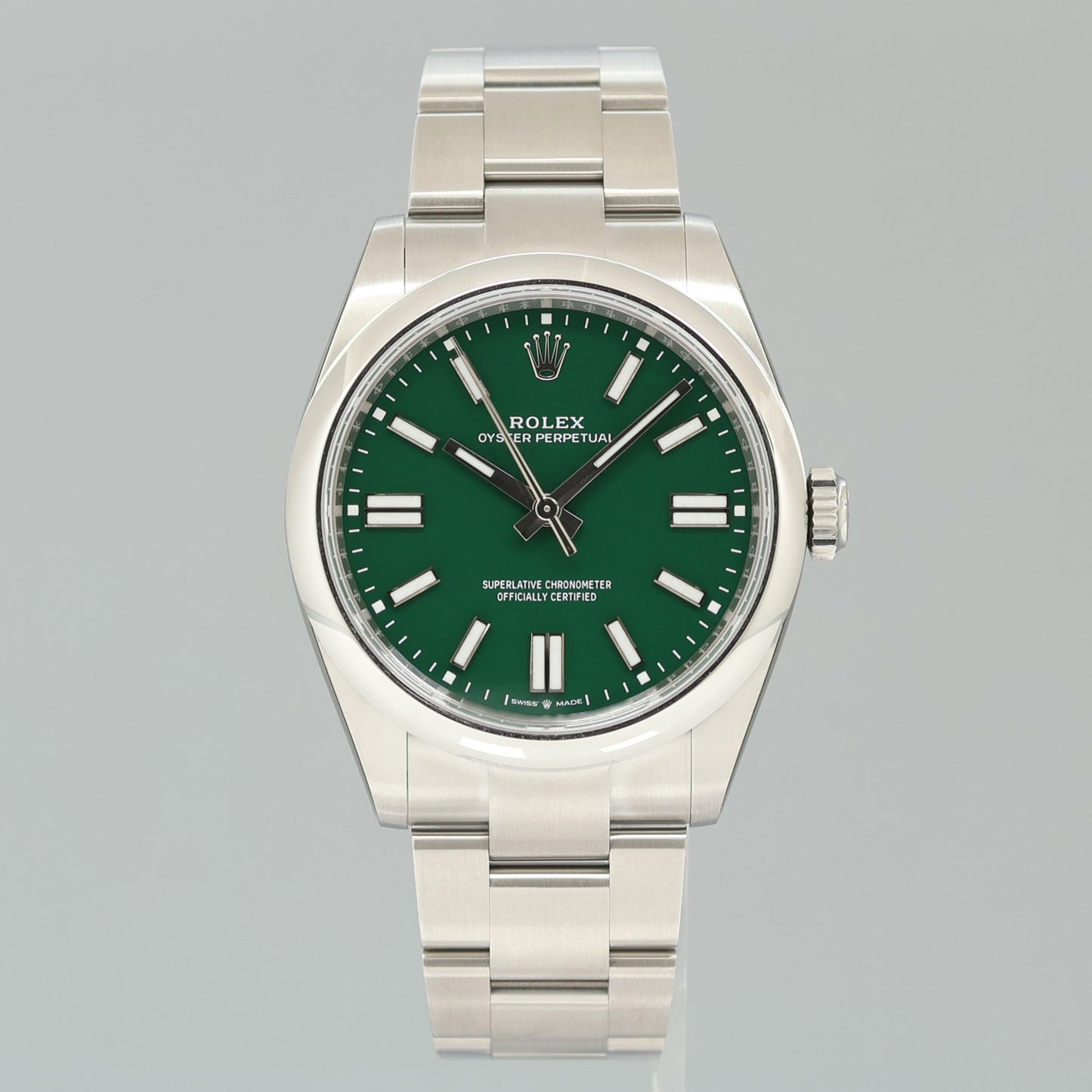 2026 NEW PAPERS Rolex 134300 Oyster Perpetual 41mm Green Stick Dial Steel Watch Box