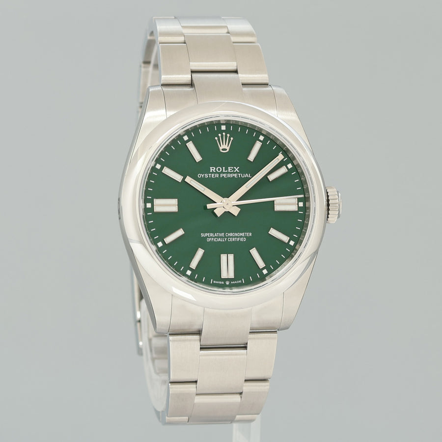 2026 NEW PAPERS Rolex 134300 Oyster Perpetual 41mm Green Stick Dial Steel Watch Box