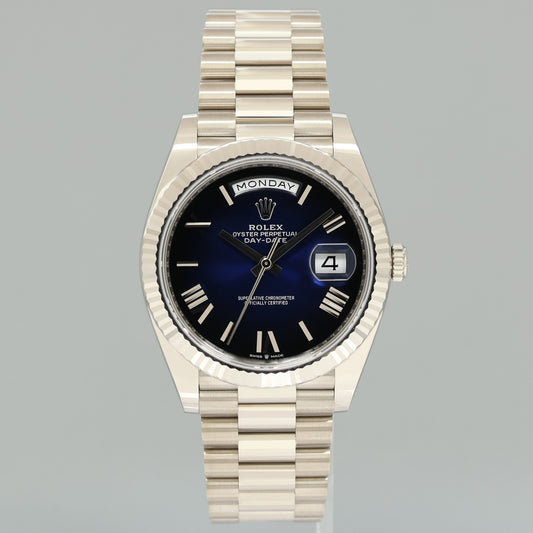 2025 MINT Rolex Day Date 40 White Gold Blue Ombre 228239 Watch Box