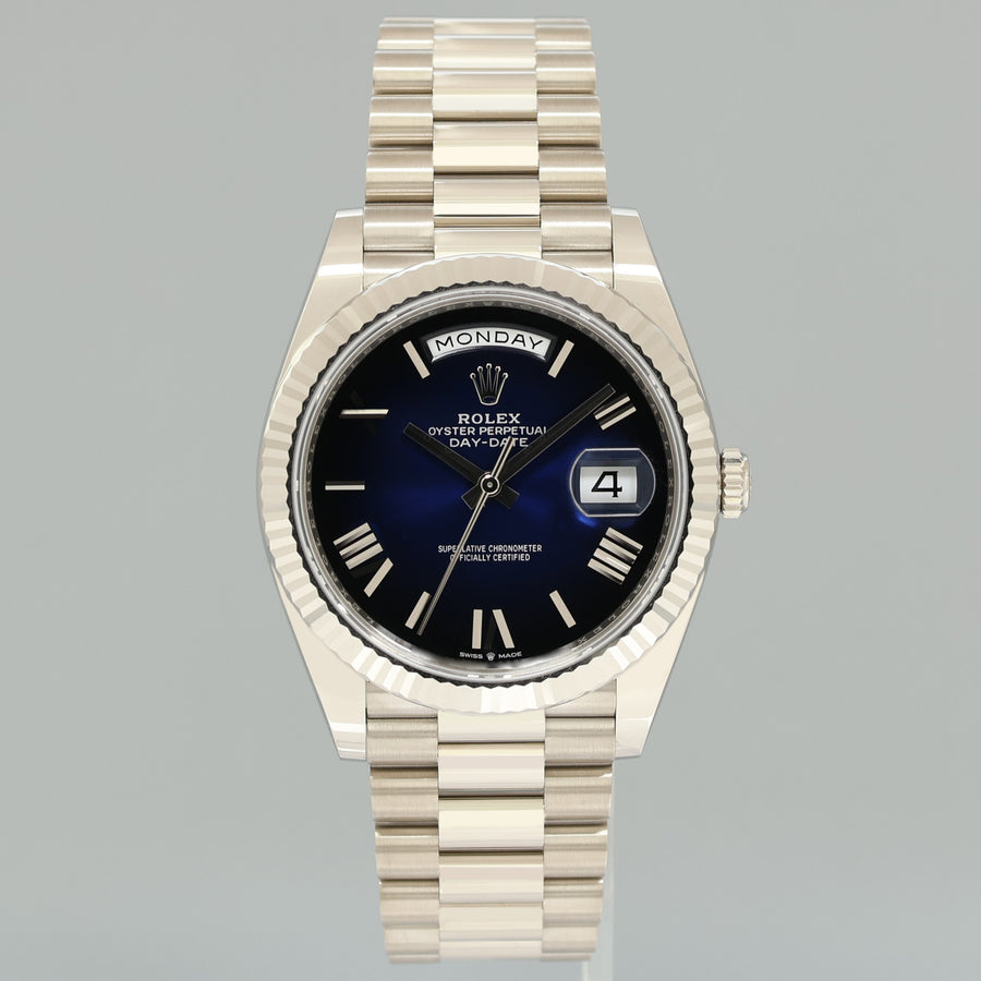 2025 MINT Rolex Day Date 40 White Gold Blue Ombre 228239 Watch Box