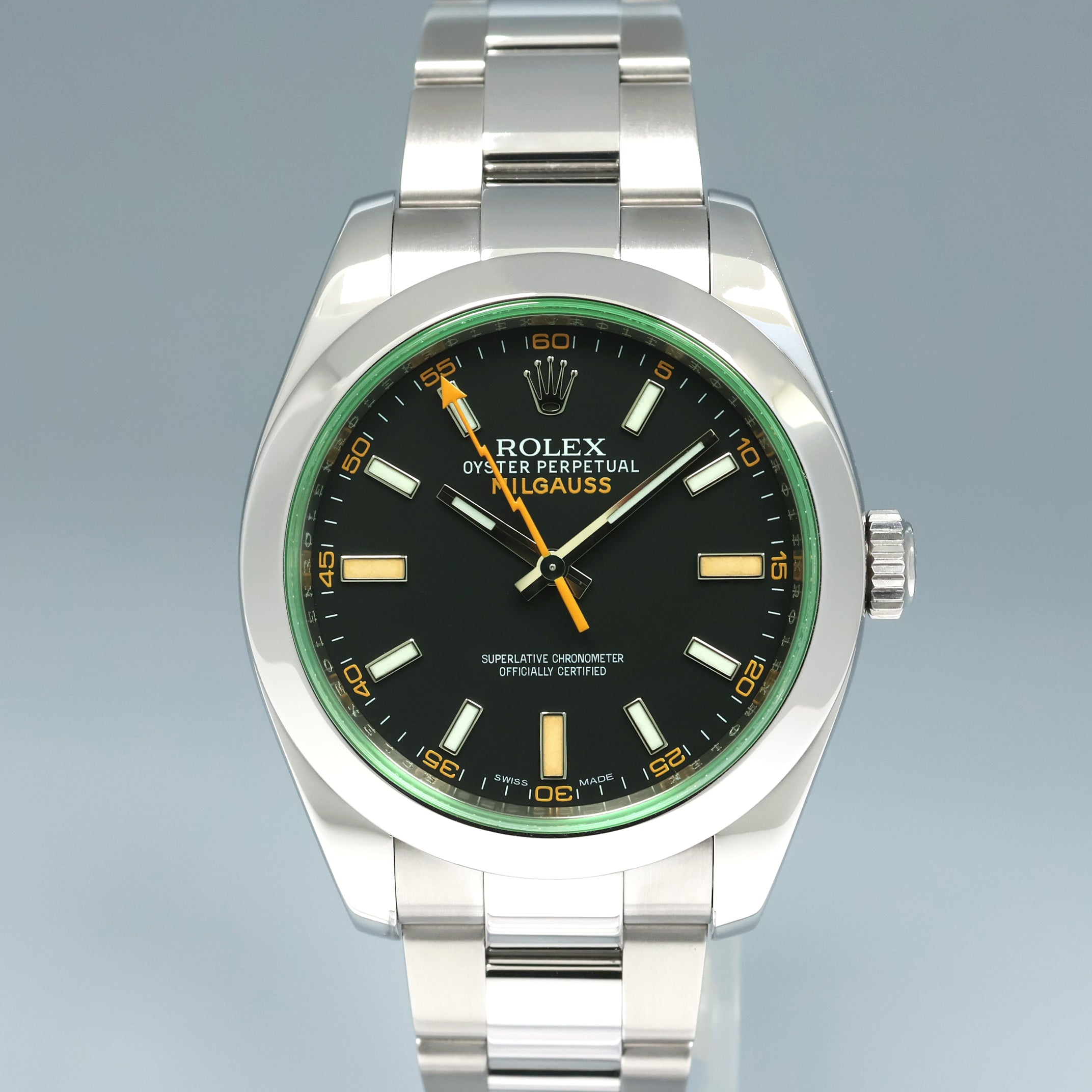 MINT Rolex Milgauss Green Anniversary Orange Black 116400 GV Steel Watch Box