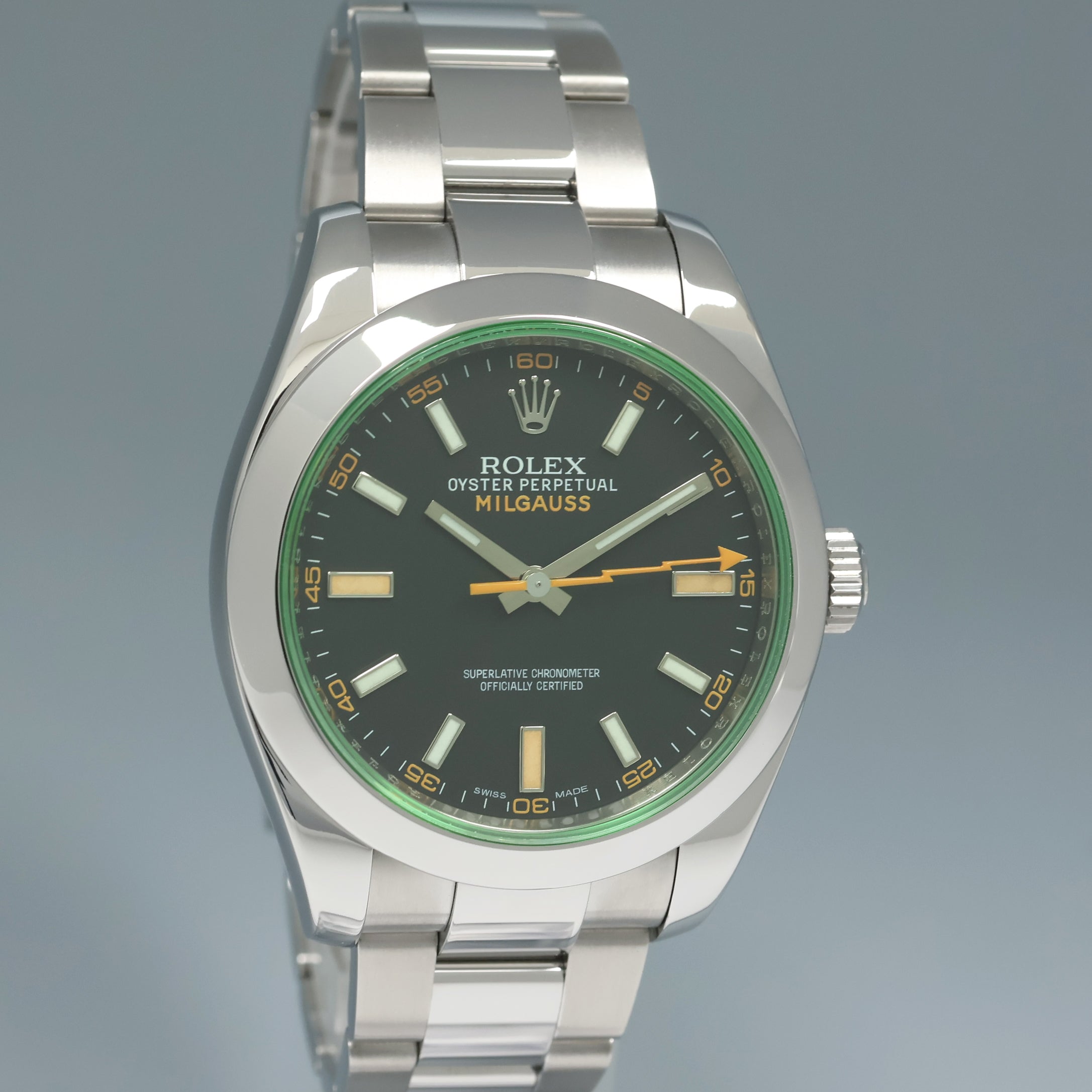 MINT Rolex Milgauss Green Anniversary Orange Black 116400 GV Steel Watch Box