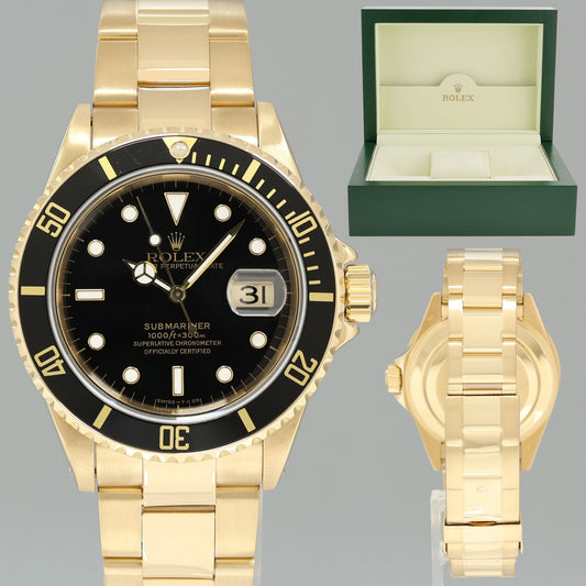 MINT Rolex 16618 Submariner Yellow Gold Black Dial 40mm Watch Box