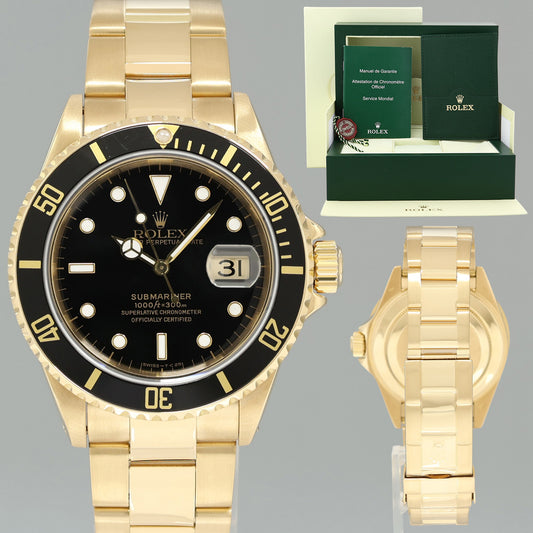 MINT Rolex 16618 Submariner Yellow Gold Black Dial 40mm Watch Box