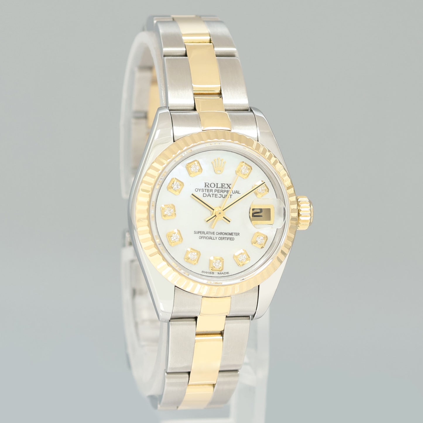 PAPERS MINT Ladies Rolex DateJust 79173 MOP Diamond 26mm Two-Tone Gold Steel Watch