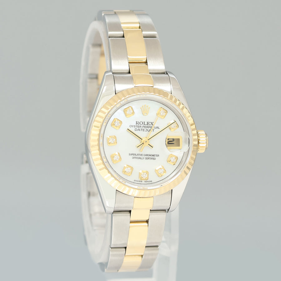PAPERS MINT Ladies Rolex DateJust 79173 MOP Diamond 26mm Two-Tone Gold Steel Watch