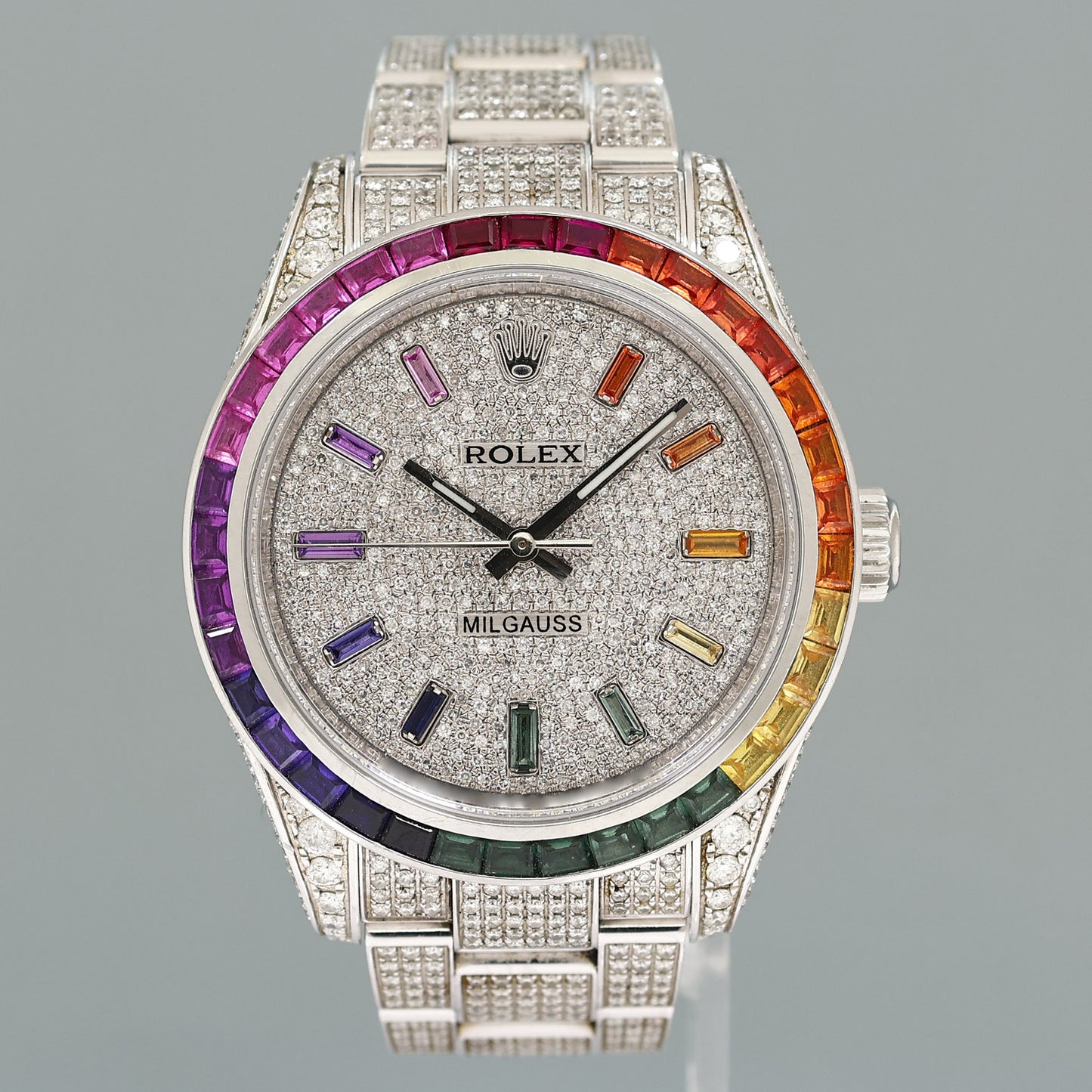 MINT Rolex Milgauss Diamond Iced Out Pave Sapphire 116400 Steel Watch Box