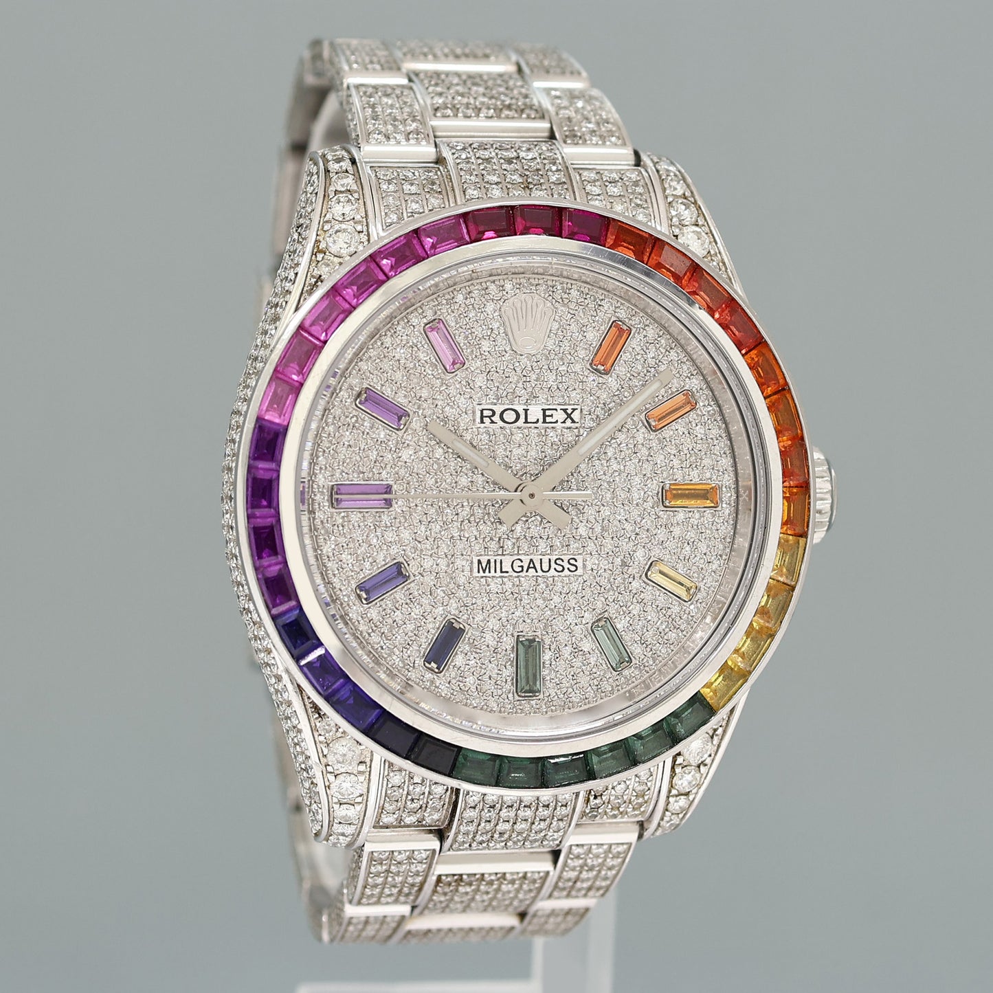 MINT Rolex Milgauss Diamond Iced Out Pave Sapphire 116400 Steel Watch Box