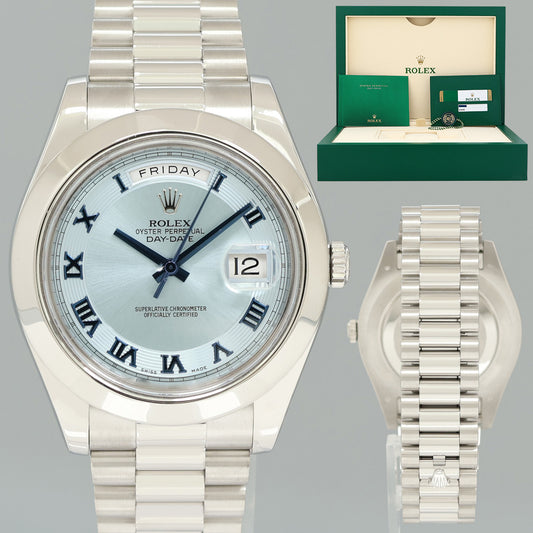2018 MINT PAPERS Rolex Day-Date 41mm Blue Roman Platinum President 218206 Watch