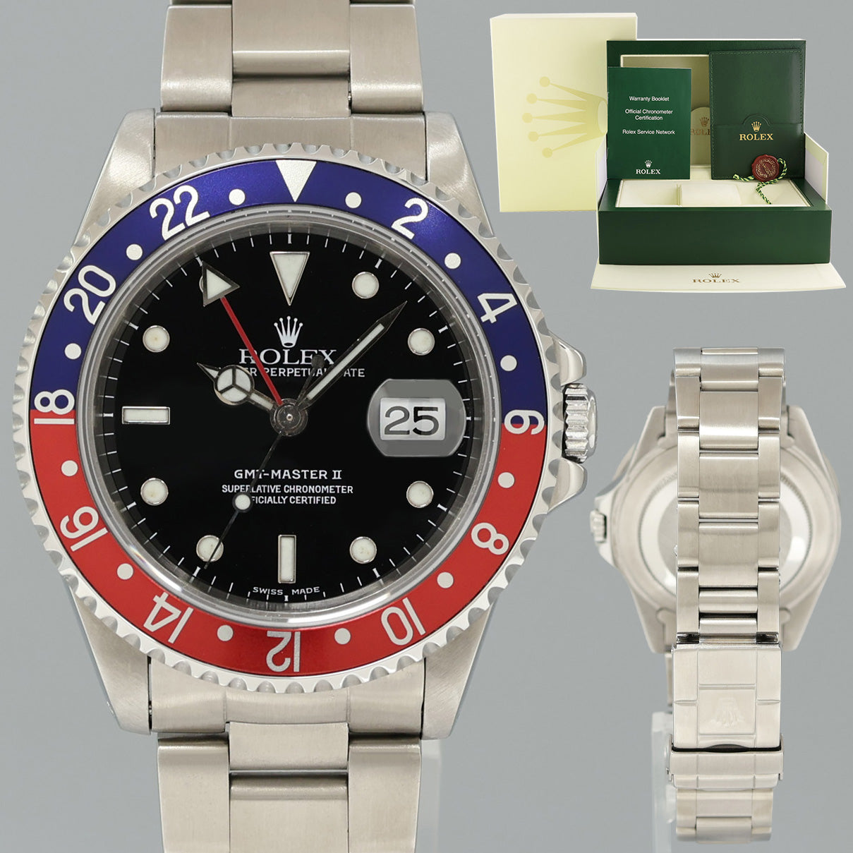 2000 Rolex GMT-Master 2 Pepsi Blue Red Steel 16710 Watch Black Watch Box