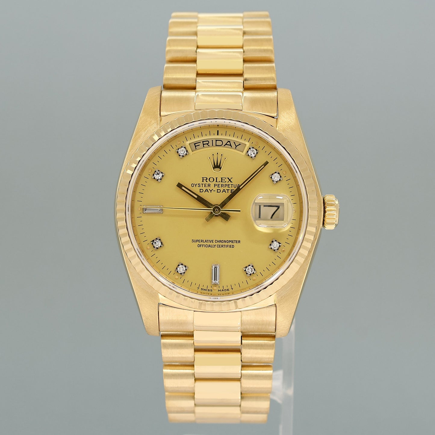 Mint Rolex President Day Date 18038 Quick Set Champagne Diamond Yellow Gold Watch