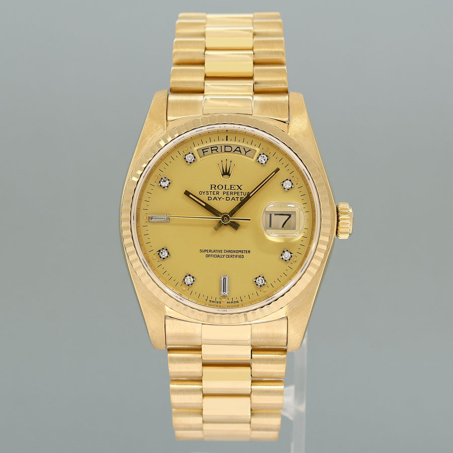 Mint Rolex President Day Date 18038 Quick Set Champagne Diamond Yellow Gold Watch