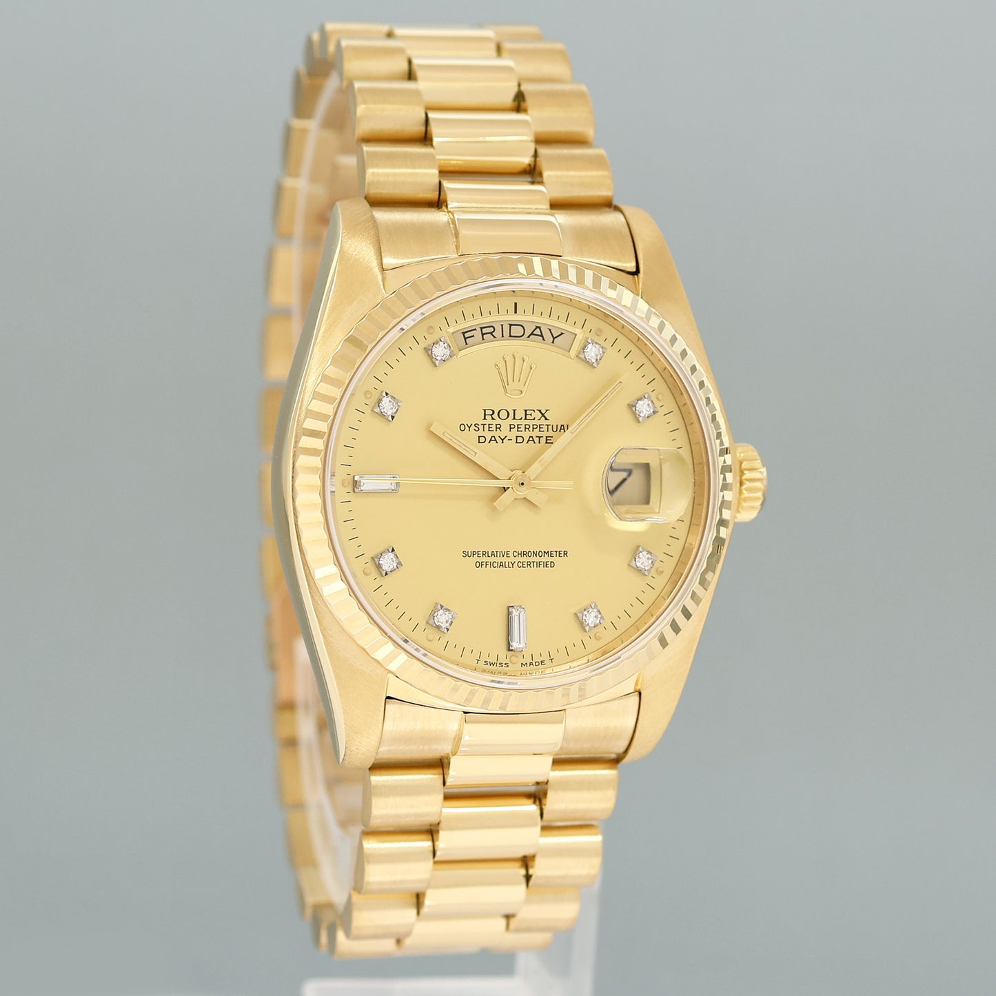 Mint Rolex President Day Date 18038 Quick Set Champagne Diamond Yellow Gold Watch