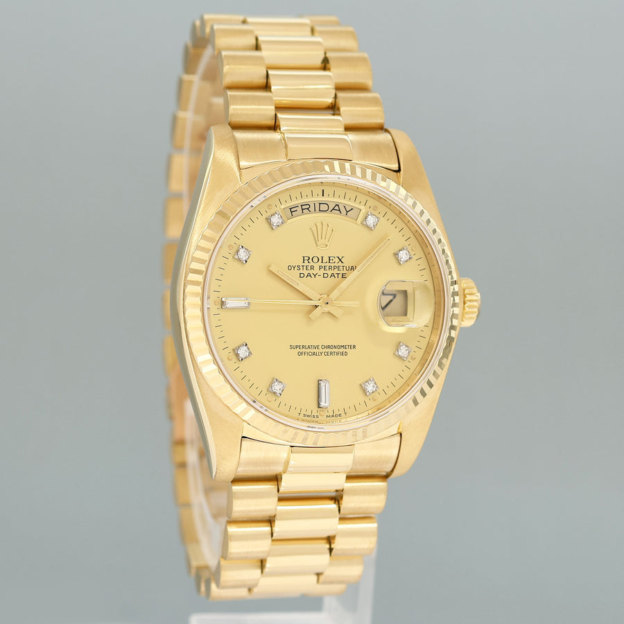 Mint Rolex President Day Date 18038 Quick Set Champagne Diamond Yellow Gold Watch