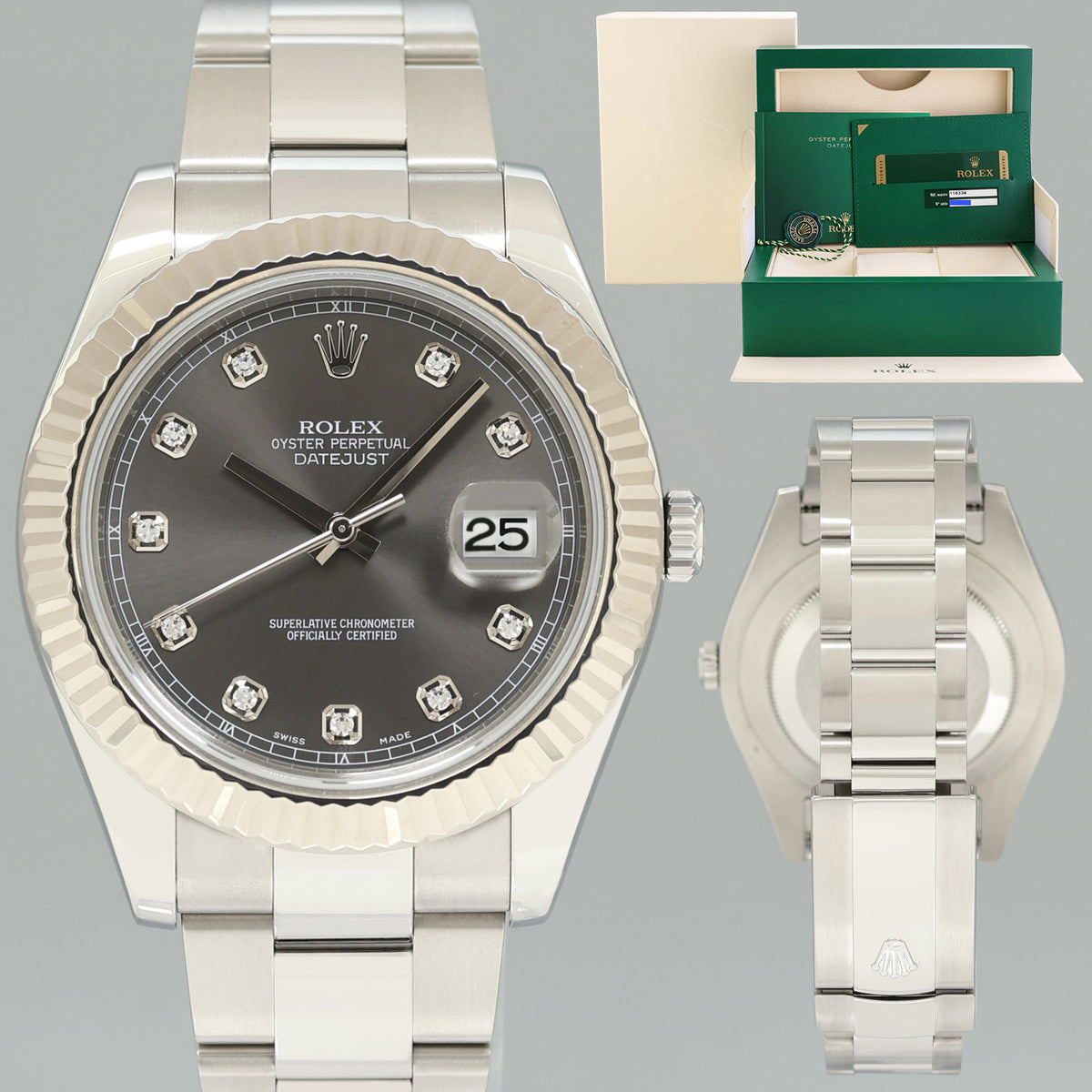 2014 MINT Rolex Datejust 2 41mm Rhodium Diamond 116334 White Gold Fluted Watch Box